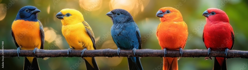 Obraz premium Five colorful small birds perched on a horizontal branch with vivid plumage and a cheerful, playful atmosphere against a soft bokeh background