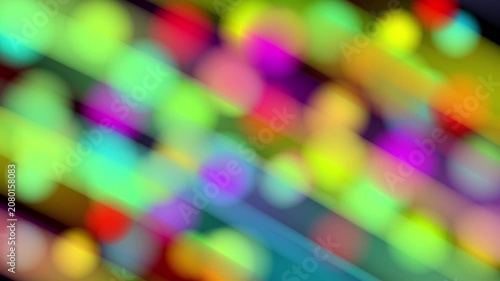 Abstract colorful neon bokeh lights with diagonal glowing stripes seamless loop background. Vibrant liquid multi colored blurry circles party background. 4K motion graphic footage