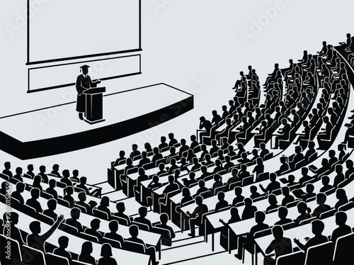 Graduation lecture illustration featuring a speaker at a podium addressing a large audience in auditorium
