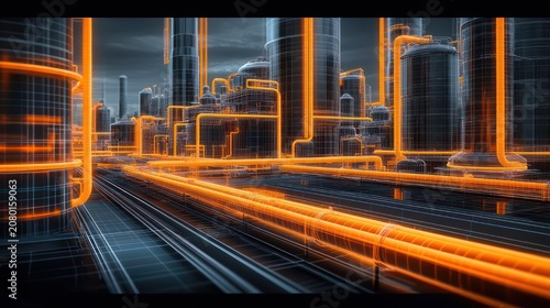 Futuristic industrial complex with cylindrical storage tanks and interconnected glowing orange pipelines over a dark wireframe grid, conveying intense high-tech energy and motion