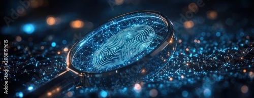 Magnifying glass revealing a glowing blue digital fingerprint over a web of data nodes, conveying futuristic investigation and cyber forensic discovery