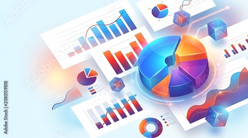 Data analysis visualization isometric charts and graphs for business reports and financial presentations