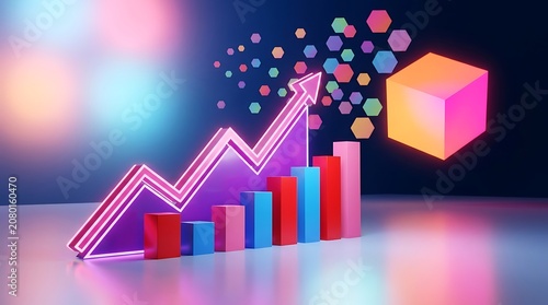 Neon growth chart with exploding cube financial data visualization and success concept