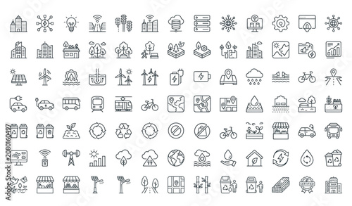 Fotografía Eco Urbanism Outline Icon Set with Sustainable City Green Building Clean Energy