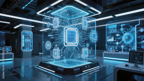 Futuristic Quantum Computing Lab: A cutting-edge quantum computing laboratory showcases an illuminated central processor surrounded by holographic displays and advanced technology.