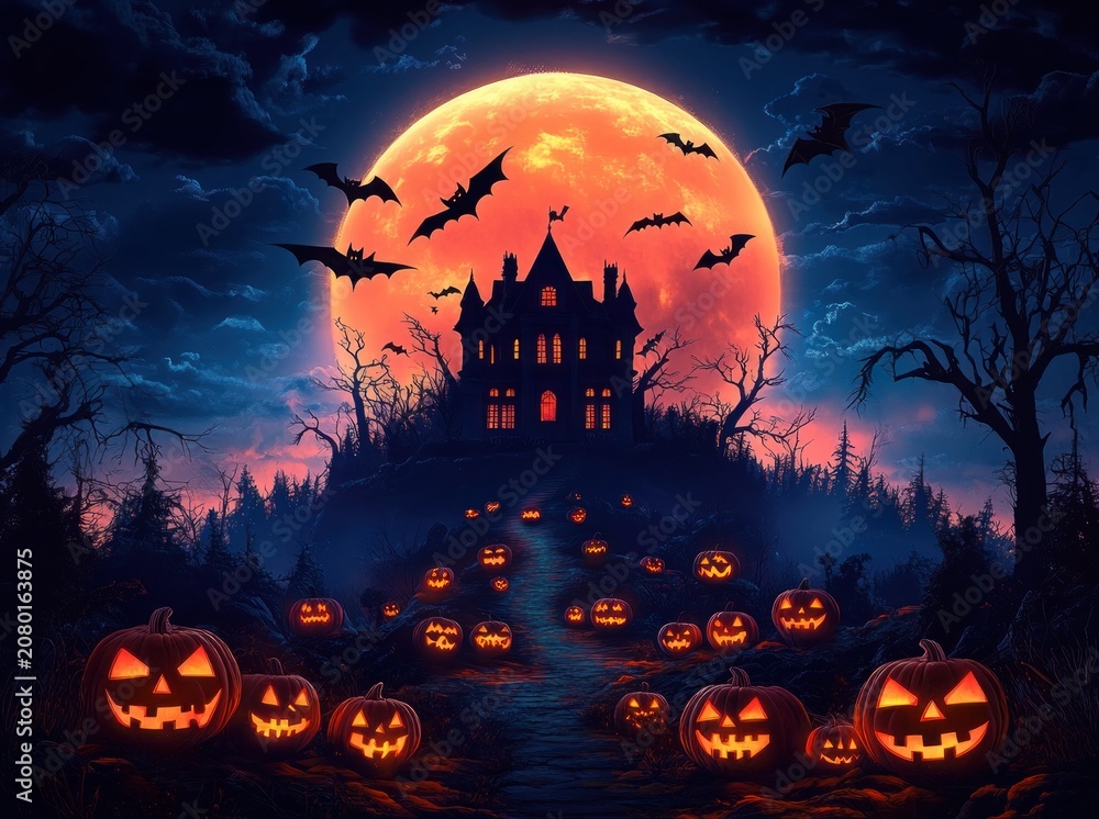 Fototapeta premium silhouetted haunted house on a hill beneath a giant orange full moon, glowing carved jack-o'-lanterns lining a foggy path, bats flying through a dark eerie sky, spooky and ominous mood