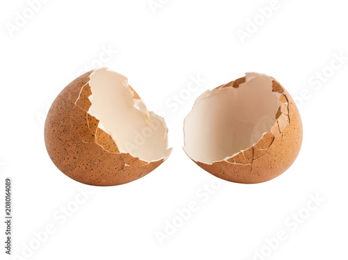 Broken brown egg shell halves on a surface