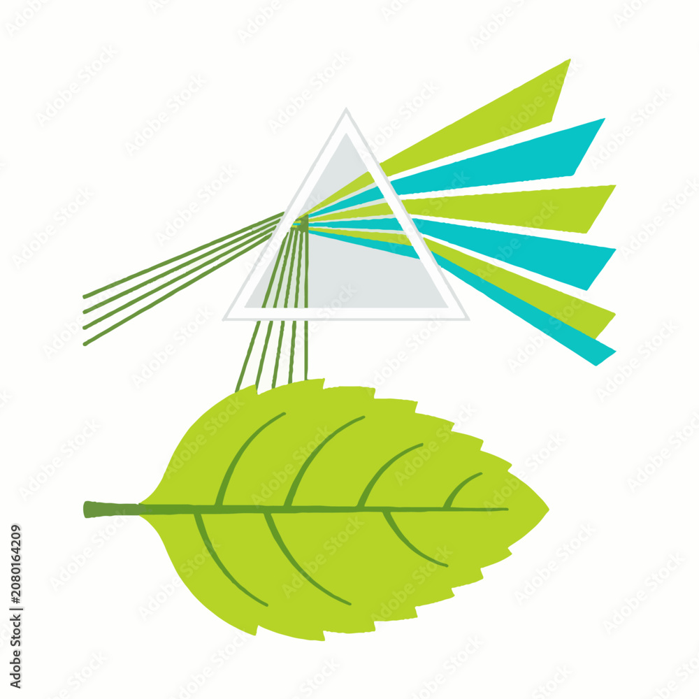 Naklejka premium Conceptual illustration of light refraction through a glass prism onto a green leaf.