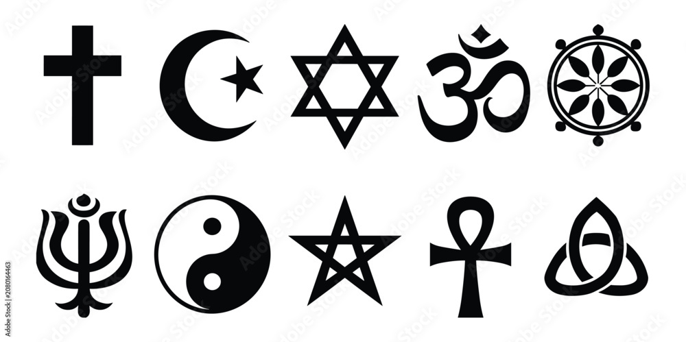 Fototapeta premium A collection of religious and spiritual symbols in black and white, representing different faiths and beliefs