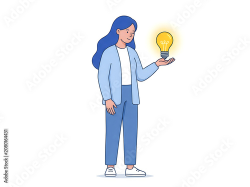 Woman holding a glowing lightbulb illustration