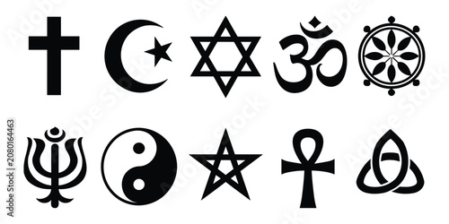 A collection of religious and spiritual symbols in black and white, representing different faiths and beliefs