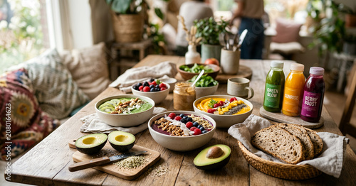 Rustic wooden farm table brimming with colorful organic superfood bowls, fresh avocados