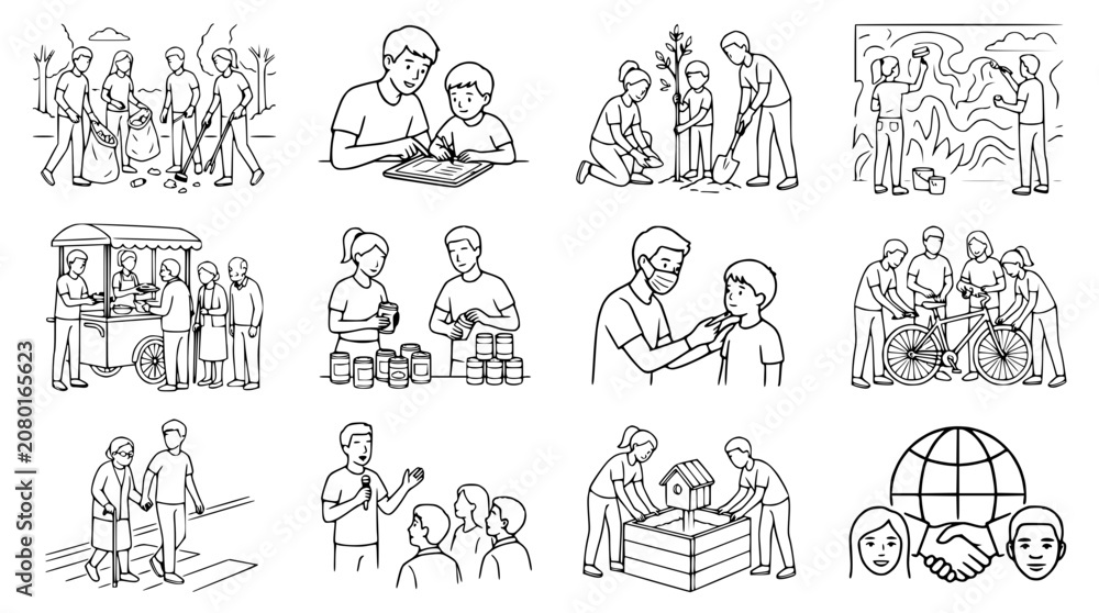 Obraz premium Diverse Community Service Activities Collage: Volunteering, Education, Environment, Charity
