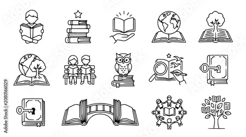 Hand-Drawn Education Icons: Reading, Knowledge, Books, Learning, Growth, Success
