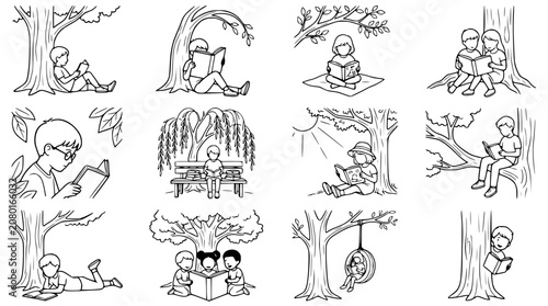 Children reading books outdoors under trees, collage of 12 illustrations