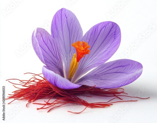 delicate purple crocus bloom with vivid orange stigma resting on a nest of red saffron threads on a clean white background, elegant and serene