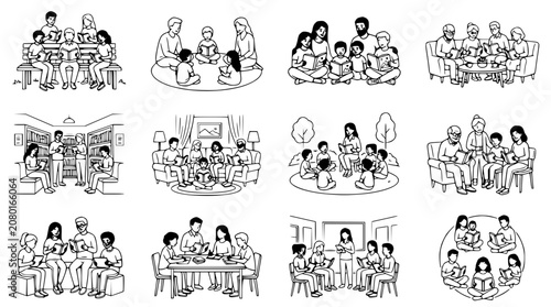 Diverse Families Reading Books Together in Various Settings - Illustration Set