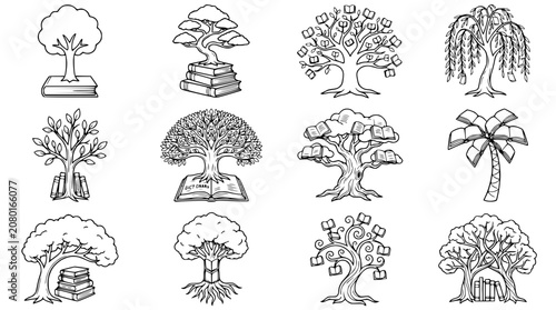 Collection of Illustrated Trees Made of Books, Symbolizing Knowledge and Growth