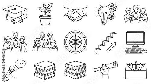Business and Education Icons: Growth, Teamwork, Ideas, Success, Learning, Tools