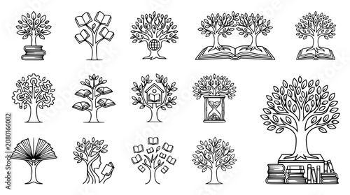Collection of artistic trees made of books and knowledge symbols, hand-drawn style
