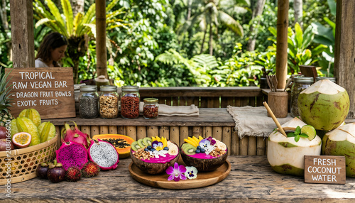 Top-down view of an exotic wooden bar filled with colorful smoothie bowls and fresh tropical fruits with an artistic heavy blur for premium health drink backdrops.
