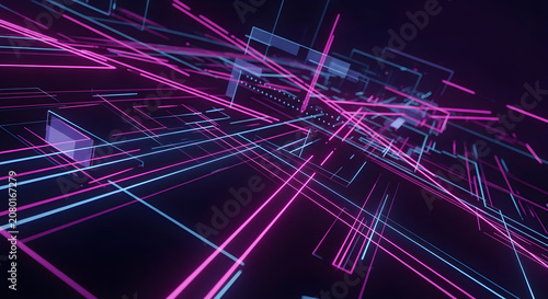 Vibrant neon pink and blue lines intersect in a futuristic technological abstract scene