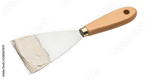 Isolated putty knife with metal blade and wooden handle on transparent background