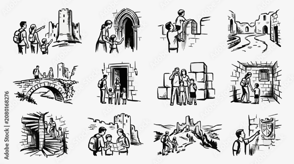 Obraz premium Black and white line drawings of various animals and insects.