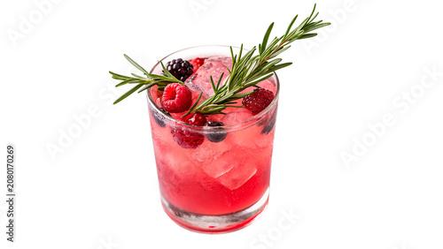 Photography Refreshing red berry cocktail drink with mint and rosemary isolated on transpare