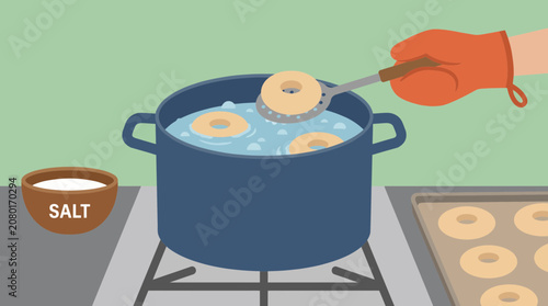 Photos Bagel Boiling in Salted Water Before Baking Step