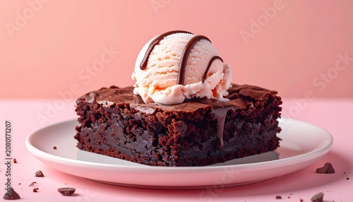 A decadent chocolate cake with ice cream on top sits on a white plate against a pink background.