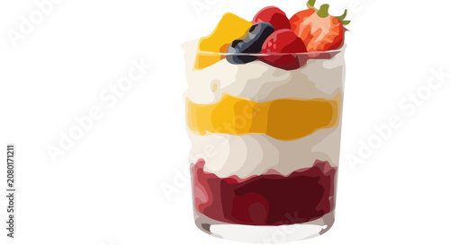 A vibrant layered dessert with cream, fruit, and berries in a glass cup on a table indoors.