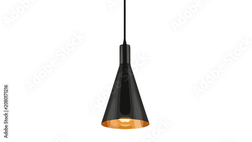 A sleek black pendant light fixture hangs from a cord illuminating with warm light.