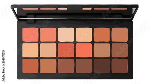 A makeup artist holds an open eyeshadow palette with various shades on a white background.