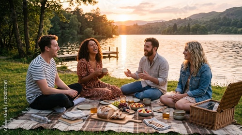 Two Couples Enjoying Picnic by Riverside on Sunny Day