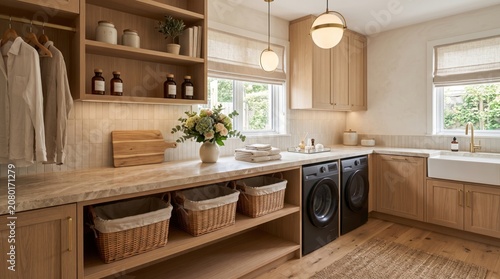Modern Laundry Room With Double Washing Machines and Wooden Cabinets