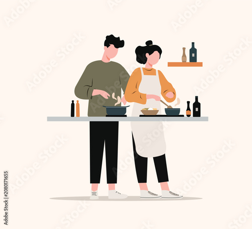 Man and woman cooking in the kitchen Vector illustration in flat style