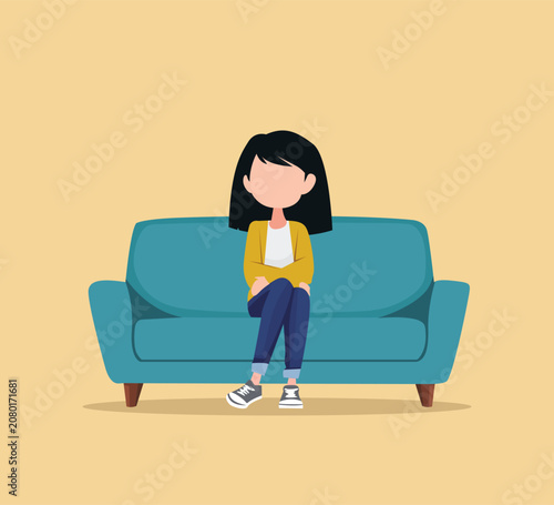 young girl sitting on sofa flat illustration