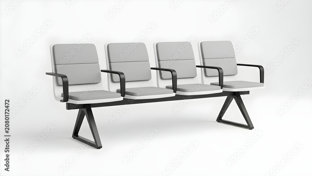 Fototapeta premium Four gray chairs with black arms and legs on a white background