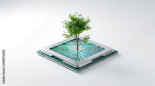 Green tree growing from a computer chip with circuit board pattern
