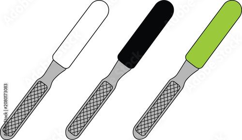 Canvastavla Set of three professional metal foot rasps with colorful handles for effective callus removal in a bright spa environment