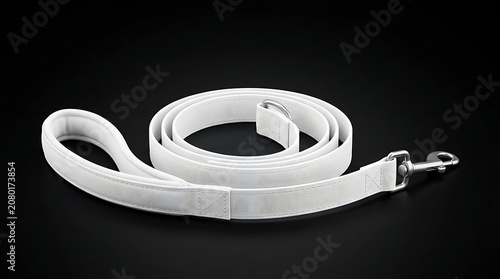 Isolated white patterned dog leash with metal hook coil design for pet walking training and control accessories