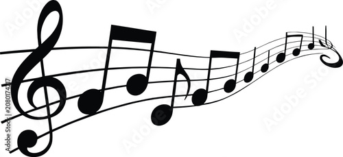 Obraz na plátně Graceful black musical notes flowing along a curved staff on a bright white background, evoking a joyful and melodic rhythm
