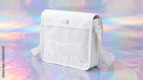 Isolated white shoulder bag made of synthetic material on a reflective iridescent holographic background for fashion