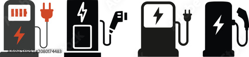 Electric vehicle with plug icons. Electric vehicle charging point icons. EV car, green hybrid vehicle charging station symbol. Eco friendly vehicle concept. Vector illustration.