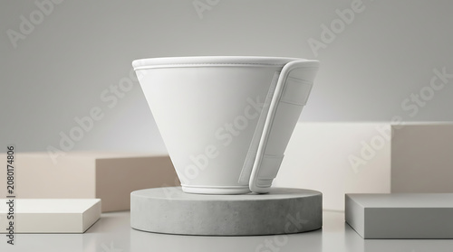 Isolated white veterinary recovery cone for dogs and cats on geometric podiums showing pet health care and medical safety
