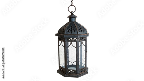 Vintage black metallic hanging lantern lamp candle holder isolated on transparent background