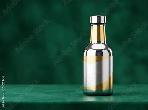 Luxury metallic honey bottle mockup with blank label on deep green velvet surface for premium branding and cosmetic display