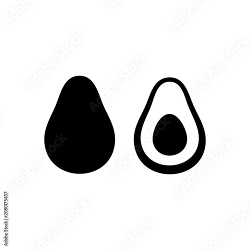 Whole and half cut avocado fruit silhouettes with seed isolated on white background