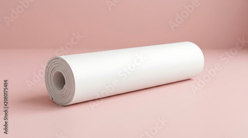Rolled white yoga mat lying on a soft pink surface for exercise fitness stretching wellness workout routines